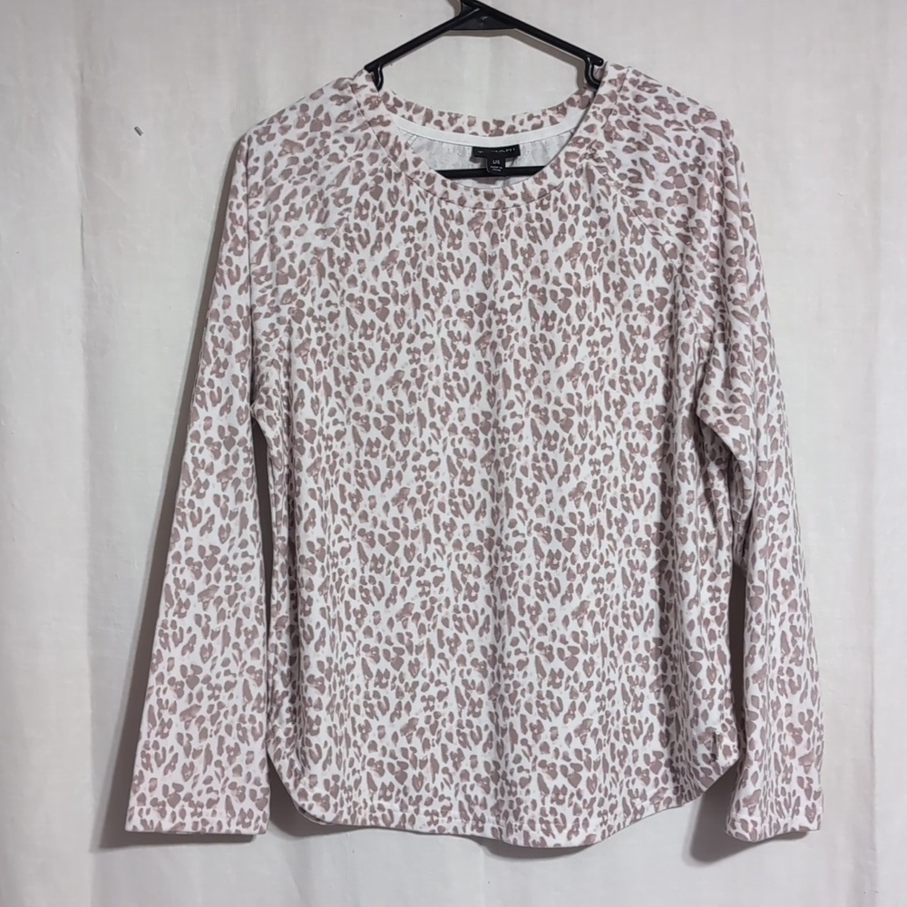 Tahari Brown White Cheetah Print Long Sleeve Soft Fleece Lounge Top Size Large